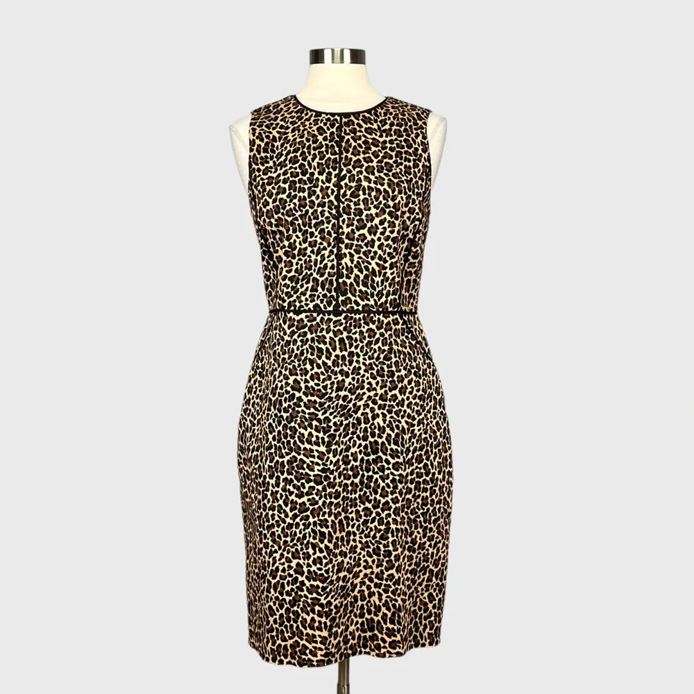 J Crew Womens Leopard Print Sleeveless Sheath Dress Bi Stretch Cotton size 8